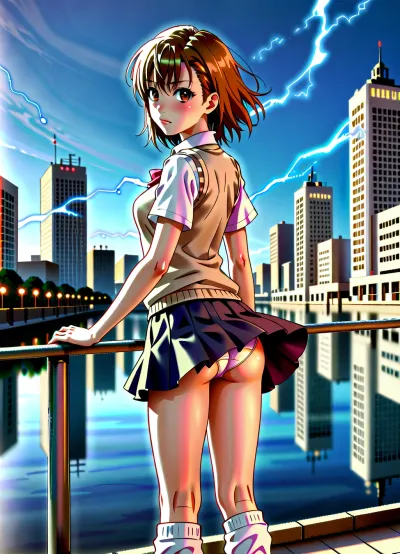 by 3meiji, 1girl, misaka mikoto, tokiwadai school uniform, solo, panties under skirt, shorts, electrokinesis, electricity, brown hair, school uniform, brown eyes, fantasy, socks, sweater vest, skirt, looking back, thigh goop, science fiction, loose socks, nightscape, night city, lights, <lora:Misaka_Mikoto:.9>