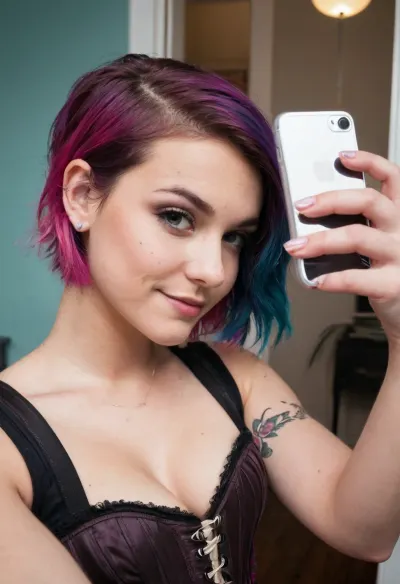 selfie photo of punk rock lesbian girlfriends in their college dorm room, (vibrant multi-color hair styled in a short undercut pixie-cut with textured waves with dark roots:1.4), , (punk, punk rock, emo girl, alt-girl, corset top:1.4), (selfie, raised selfie, mirror selfie, Instagram selfie, dating app selfie:1.2), subtle freckles, dimples, cheek dimples, dimples in cheeks, seductive smirk, conspiratorial smile, feline grin, mischievous eyes, spunky attitude, feisty attitude, high energy, rockstar attitude, ZipRealism, <lora:sunnyrayyxo_v1_SDXLBase:.4>