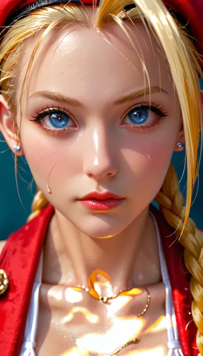 Cammy White from Street fighter, perfect eyes, very detailed face, face close shot, face zoom, (teardrops big detailed breast), in a very busy street, brown skin with tanlines, detailed nipples under top, 4ng3l, face, <lora:SDXL_BetterFaces-LoRA_v1:1.8>
