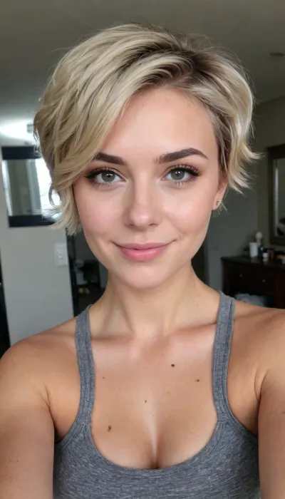 Intimate portrait of a 21 Year old fit girlfriend in her college dorm bedroom, (ashen blonde hair styled in a short pixie-cut with textured waves with dark roots:1.4), (selfie, raised selfie, mirror selfie, Instagram selfie, dating app selfie:1.2), muscular body, body builder, showing off six-pack-abs, muscular shoulders, subtle freckles, dimples, cheek dimples, dimples in cheeks, seductive smirk, conspiratorial smile, mischievous eyes, spunky attitude, feisty attitude, high energy, rockstar attitude, chic sports bra, ZipRealism, <lora:sunnyrayyxo_v1_SDXLBase:.4>