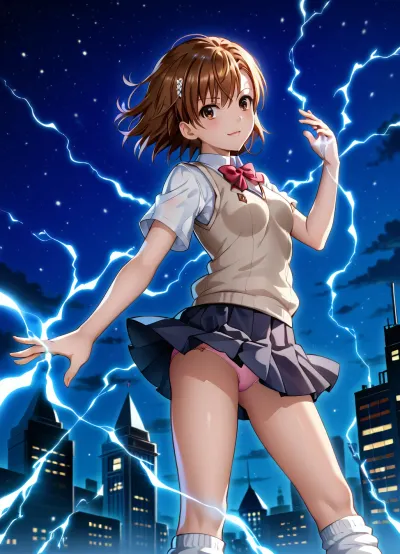 by 3meiji, 1girl, misaka mikoto, tokiwadai school uniform, solo, panties under skirt, electrokinesis, electricity, brown hair, school uniform, brown eyes, fantasy, socks, sweater vest, skirt, looking back, slim thighs, science fiction, loose socks, nightscape, night city, lights, RAR, flatchest, skirt lift, wind, battle standing, dynamic pose, (((shaded girl, perfect shadows, no light))), <lora:Misaka_Mikoto:1>, <lora:RAR 0.4v:.8>