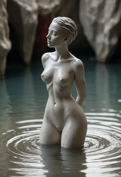 female figure, abstractionism, expressionism, white clay, stone, glass, water.
elementals, silver, scarlet, beige, dark grey.