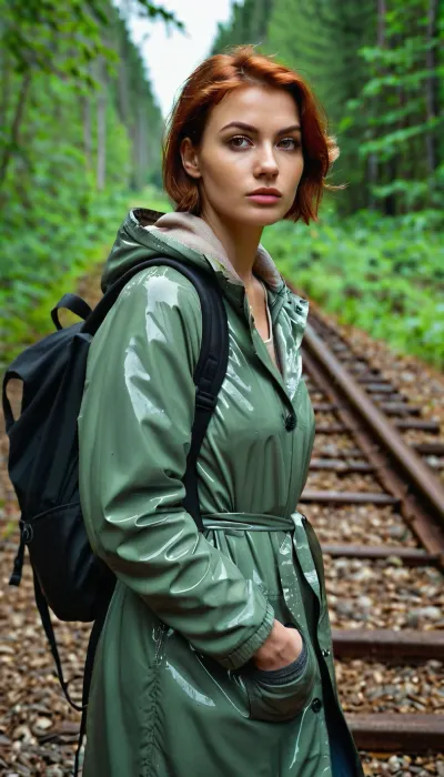 Close-up, woman, Age 33, Nastya, European appearance Round face, arched oily eyebrows, natural eyelashes, round eyes, potato nose, large mouth, large full lips, dimples on cheeks, mole above the upper lip from the left, square cheekbones, dimple on the chin, Short haircut, red-haired, small breasts, Nina was wrapped in a raincoat jacket, an old gray sweater was almost not warm, dirty pants were soaked, a backpack hung on her back, her face was dirty from soot. Suspicious look, a stick in her hand, Nina was walking along the railway, An abandoned railway in the forest, 8k, realistic, vray, HDR, 6000K, in a post-apocalyptic forest, faded road sign, fallen trees, overgrown railway., environment SZ_4po, <lora:oversized_coat-10:.5>, <lora:workTrousers:.5>, <lora:PostApocalyptic_v4:.6>