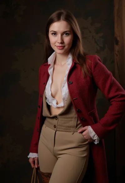 18th century, realistic, realistic proportion, realistic body woman, caucasian, 25 year old, luxurious red tweed riding jacket, beige riding pants lowered, lace lavalliere, unbuttoned white shirt with lace, unbuttoned waistcoat, Brown boots, detailed eyes, show nipples, very slight smile, pants pulled down, in stable, perfect face, perfect body, perfect fingers, perfect hand, chiaroscuro, riding whip, unwearing, Undressing, lowered pants to mid-thigh, fully unbuttoned, upskirt, liftskirt, show pussy