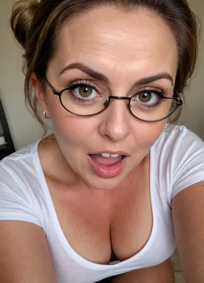 (1gilf:1.3), exotic Mature woman, 65 years old housewife, (exotic), black hair in a ponytail, (olive skin tone:1.3), (fat round face), glasses, double chin, detailed hair, messy hair, disheveled hair, ((wearing a tight white v-neck t-shirt)), cleavage, flirty, flirting, seductive stare, looking at viewer, intense eye contact with viewer, orgasm eyes, horny, sexy, lipstick, beautiful eyes, green eyes, realistic eyes, detailed eyes, (big eyes:1.2), (open eyes), beautiful face, wrinkles, hoop earrings, super realistic, skin stretch, dark circles under eyes, plump lips, full lips, big juicy lips, old skin, wet lips, wet moisture, spots with skin marks, detailed skin, (open mouth:1.4), orgasm face, orgasm, screaming, scream, cumming, edgOrgasm_face, selfie picture, view from below, bottom to top view, picture from bottom to top, riding, best quality, downblouse, nipslip, braless, no, bra, <lora:RealDownblouseXL2:.5>, <lora:braless-000007:.5>