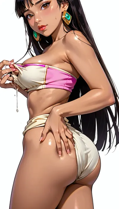 1girl, (Chel from The Road To El Dorado), brown skin, perfect body, very detailed face, wide shot, (teardrops detailed breast), (side view), , (White background), (grabbing own tits and cupping her ass:1.5), 4ng3l, face, <lora:SDXL_BetterFaces-LoRA_v1:1.8>