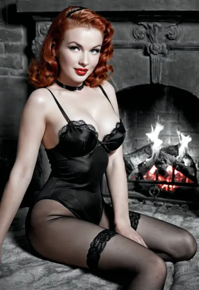 Noir style photo, night Romantic atmosphere, (italian sexy model), (((old photo poster pin up 1950's))), (((Pin up.b&w. Magazine poster 1950's))), sexy lace underwear, perfect beautiful sexy wife, fat red lips, ((transparent vintage lace sexy underwear)), Photography, photorealism, tall, beautiful perfect figure, Red bow on hair, redhead, red hair, Lying down on fur, stockings, perfect tall legs, charming eyes, smiling, noir dark 50', Candles lights on background, fireplace, soft lighting, style of Aaron Horkey, Jeremy Mann and Luis Royo, body-focused composition from a low angle, alluring figure, dark, dynamic composition, black white photo 1950's, red lipstick, warm hues, maximalist masterpiece, detailed with gouache fluidity, golden hour light, hyperrealism, hypperrealistic, hyperdetailed, 64k, ultraHDR, nklnor, bmbplora, <lora:nklnor:.8>, <lora:bimboxl_02:.5>