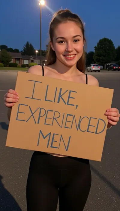 Graceful, pretty, 21 year old woman, cute face, ponytail, sexy, leggings, tanktop, standing in a parking lot, in the evening, in the light of a spotlight, holding a handmade sign with text "I LIKE EXPERIENCED MEN".
