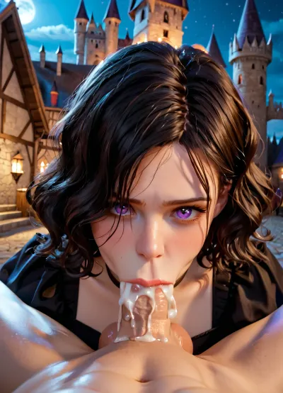Photo of an athletic 25 years old black haired sorceress with perfect tits, wavy hair, (deepthroat:1.5), male pov, (oral creampie), purple eyes, black hair, choker, gagging, in a medieval tower, black dress, at night, balls deep