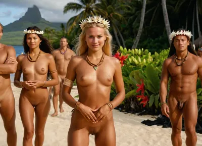 ((full length body view:1.5)), warm early morning light, front view of deeply tanned beautiful 21 years old swedish woman with dark blue eyes amd shaved pussy and polynesian flower necklace dancing Hula with naked native people in wide square of Tahiti island village, (in background naked native dancers with tahitian hula costumes and headdresses made of plant fibers, flowers, shells, feathers, necklace, crown, bracelet), palms, huts, ((blonde swedish woman looking at naked tahitian natives)), (naked Tahitian native people dancing Hula in background), (slender body), masterpiece, full body view, best quality, details, high quality, attractive blonde naked swedish woman, ((shaved pussy)), very beautiful, ((intensive seamless tan:1.5)), blonde braided long hair, narrow waist, cute smile, couple, woman, sharp, background, <lora:XL-coupleMV2:.5>, <lora:ahxl_v1:.5>, <lora:finenude_v0_2a:.5>, <lora:blur_control_xl_v1:.5>
