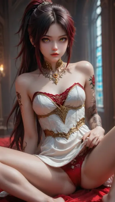 (armor white Dress, Gold jewelry on the neck), (red lace panties), (long hair ponytail), (Ruby Rose Hairstyle), (oval shape head), (round head), (high cheekbones), (beautiful face), (strong jawline), (Beautiful shining yellow eyes), (almond-shaped eyes), (long lashes), (tin eyebrows), ((full lips), (170cm high), ((edgy style), (dark nails), (tattoos), (tattoos 50% body), (small elastic breasts), (very slim body), (perky breasts), (flat stomach), (small ass), (round ass), (firm ass), (spread toned legs), (lean legs), (feminine legs), (well-defined feet))), (Against the background of Gothic cathedral), F41Arm0rXL, <lora:EnvyZoomSliderXL01:.1>, <lora:dAIversityLoRASDXL-PhotoSemiReal:2>, <lora:Fae_Armor_XL-000008:1>