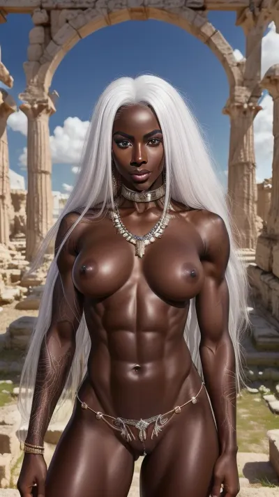 African woman, fully naked, black skin, glossy skin, ebon skin, a hyper realistic ultra detailed photograph, muscular body, abs, long white hair, perfect face, perfect nose, full lips, white tattoos, leonsio, violet eyes, detailed gorgeous face, greek ruins in background, exquisite detail, thighs, smirking lips, full body view
