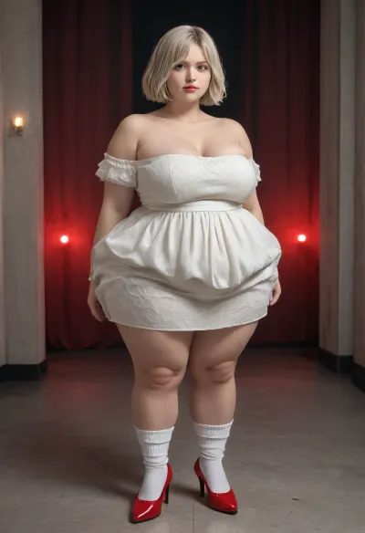 Fat, obese, cellulite, loose, sixty-year-old platinum blonde in a short, tight dress, white knee socks and red heels
