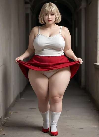Fat, obese, cellulite, loose, sixty-year-old platinum blonde in a short, tight dress, white knee socks and red heels, skirt lifting, skirtlift, <lora:skirtlift_xl:.5>