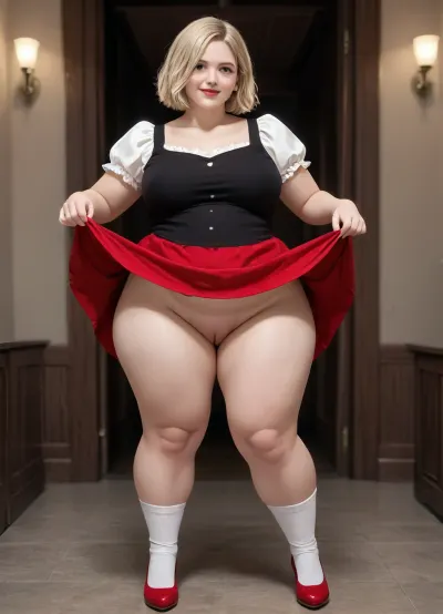 Fat, obese, cellulite, loose, sixty-year-old platinum blonde in a short, tight dress, white knee socks and red heels, skirt lifting, skirtlift, <lora:skirtlift_xl:.5>