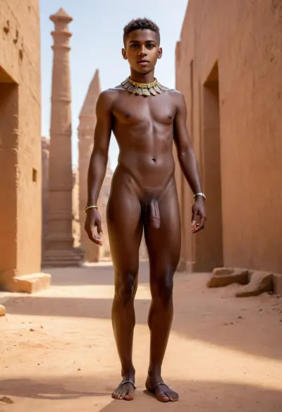 A horny 18-year-old ancient Egyptian slave strides confidently through a sunlit desert. he wears a topless torn white gown detailed with intricate metal embroidery, paired with an elaborate metal and lapis slave collar and matching armbands, young slim body is seen. The slave emanates both elegance and horniness. boy captured by four Roman legionaries, the backdrop features towering sandstone statues and pyramids bathed in warm golden light, (creating a majestic and erotic ambiance), ((masterpiece, clear image, photorealistic, high res, very Black dark Skin, full body in frame, perfect illumination, bright lighting, realistic fingers of hands, (best shadow), 8k, (masterpiece, best quality, high-res, high resolution), (extremely detailed, ultra realistic), best quality, ultra-detailed, finely detail)), detailed legs, small nipples, detailed feet, uncircumcised penis, cute face, deep tan, tan feet, chewing gum on the foot, small body, slim chest, photorealistic, zavy-rmn, <lora:DetailedEyes_V3:.5>, <lora:SDXLlora4flFut-000014:.6>, <lora:zavy-rmn-sdxl:1.1>, <lora:xpenis-1.5e:.5>