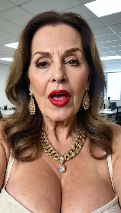 old granny mature, 70 years old granny, brunette, long hair, glamour, very chubby, beautiful big black eyes, gold necklace, huge earrings, at the office, very tall, looking at the camera, selfie picture, face and boobs focus, red lips, granny, tiny saggy boobs, super fancy glamour, make up, big nose, big lips, big mouth, open mouth orgasm, screaming orgasm face, cuming