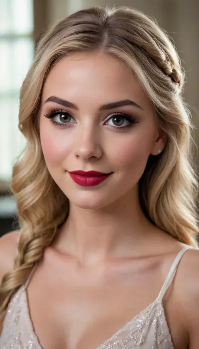 beautiful 20 year old women with blonde hair, dark brown eyes, smiling brightly, round face, eye contact, makeup, (winged eye liner:1.3), blush, shiny foundation, shiny dark red lip gloss, long hair in elegant cascade with braid, breasts out, <lora:princess_xl_v2:.1>