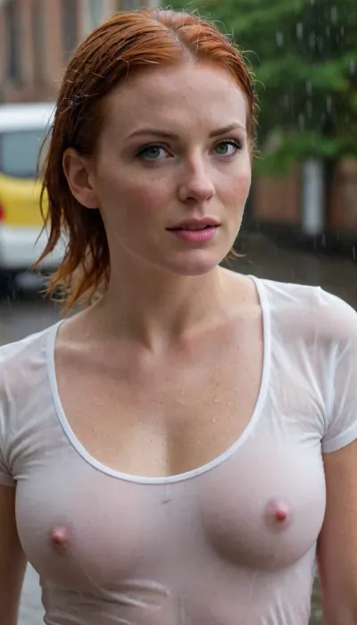 Blissful 30-year-old Irish woman, walking alone in the rain, raindrops splashing on her face, with short fiery red hair, drenched and slicked back from the rain, strong wide jaw, defined cheekbones, freckled nose, subtle freckles and vellus hairs, expressive mischievous green eyes, lips slightly parted, eyes closed in ecstasy, hair wet and wild, wearing a flowing white t-shirt, coffee to go, autumn colors, dreamy atmosphere, cinematic lighting, focus on woman's breasts, rain-streaked window reflection, urban setting, 8k, w3t, wet, tshirt, <lora:w3t_SDXL:.5>