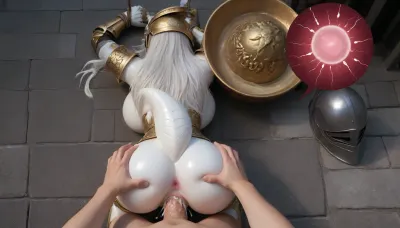 (white anthro dragon girl:1.5), (white long hair+white scale:1.2), (fit female+huge breasts:1.1), (gold knight armor+helmet:1.2), in medieval city street, top-down, bondage, doggy style, above view, pov, butt grab, anus spread, (angry+tears:1.2), (human male), (vaginal sex+vaginal x-ray:1.1), (innie pussy:1.1), (overflowing cum:1.1), (impregnation)