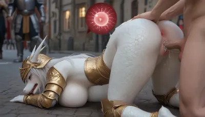 (white anthro dragon girl:2), (white long hair+white scale:1.2), (fit female+huge breasts:1.1), (gold knight armor+helmet:1.2), in medieval city street, top-down, bondage, doggy style, butt grab, anus spread, (human male), (vaginal sex+vaginal x-ray:1.1), (innie pussy:1.1), (overflowing cum:1.1), (impregnation), gangbang, (close-up+pussy focus+side view+upper view:1.4), (angry+tears:1.2)