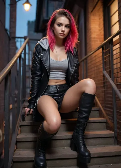 Frontal hyper realistic photo of a most beautiful sexy slender and fit 18 year old punk girl sitting on fire escape stairs, spreading legs showing nude pussy, (wearing knee high platform combat boots, miniskirt showing pussy, hoodie, biker jacket), sensual eyes looking in camera, dark high contrast hair glow lighting, neon lights, professional fashion photoshoot, NSFW, erotic photo, porn photo, pornography, photorealistic, photo realistic, photorealism, photo realism, realistic, realism, 8k resolution, best quality, ultra quality, highest quality, maximum quality, uncompressed, raw source photograph, intricate clothing, detailed clothing, detailed skin, realistic skin