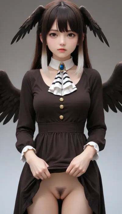 striated caracara, (kemono friends), 1girl, breasts, brown eyes, brown hair, dress, long hair, looking at viewer, medium breasts, solo, black hair, no panties, wings, clothes lift, long sleeves, very long hair, parted lips, navel, groin, multicolored hair, cowboy shot, jewelry, white hair, ascot, black dress, pussy, female pubic hair, pubic hair, gradient background, dress lift, cleft of venus, brooch, taut clothes, stomach, head wings, half-closed eyes, shaded face, brown dress, furrowed brow, bird wings, taut dress, disgust, black pubic hair, two-tone dress, striped ascot, medium bangs, lifting own clothes
