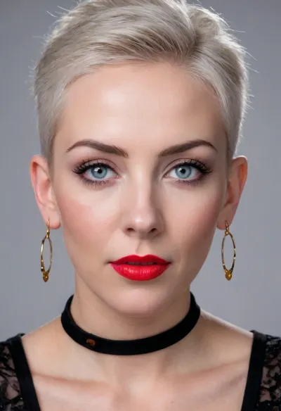 ((((((appearance Russian 65 years old, life has battered her, pretends to be a virgin, is mannered, shows off))), (((((((hoop earrings)))))), (((there is a lot of mascara and black eyeliner on the eyes, facial skin battered and dented by time, average height, ((buzzcut hair)), ((very short hair, light, grayish, faded, hair, without a parting on the head)), high open forehead, straight very short bangs, short nose, large distance from nose to upper lip, bulbous nose, large very wide tip of nose and nostrils, large wings of nose, nostrils and tip, age-related dark streaks folds of nose and lips, realistic dark eyes, darkness under tired eyes, eyes deep in sockets, thick application of black mascara, eyebrows low to eyes, eyebrows in a semicircle, light eyebrows barely noticeable, eyes heavily outlined with mascara, eyes and corners are lined with black pencil, round face, plump fleshy face, wide chin, thin lips, creased cheeks, very flushed face, very light gray irises, realistic detailed eyes, big eyes, open eyes, dark circles under eyes, eyes and mouth are small, red lipstick, pouts cutely, very red lipstick, very dark black and thick eyeliner, but very light-grey iris))), (((slight smile, dissatisfied commander's look))), (((straight flat back, good posture, slightly raised strong shoulders, pumps))), (((shoulders in line, back straight and flat))), (((dark pink satin bra with wide straps, gold chain around neck))), (((big huge inflated boobs with push up effect))), (((highly detailed skin, skin details))), (((seductive provocative pose, experienced bitch, lustful, slut, close-up))), (((sharp focus, 8k UHD, DSLR, quality, high))), (((POV:1.05))), (((view from slightly above))), (((this is a fetishist-masturbator's dream image))), (masterpiece:1.5), (ultra realism), (hyper realism, 3D effect and presence effect), (super quality), (chic, shine, hot, sexy), (ultra quality), (full hd), (desktop wallpaper), (1080 lines), (sharp focus), (mega sharpness), (sharpness of objects in the center of the frame), (realistic light), (realistic shadows), (((looking at the viewer, intense stare, eye contact, looking at camera, blue eyes))), (((red lipstick, mouth open, lips oval, lips circular, teeth, tongue))), (((4K, high resolution, best quality, play of light, sun rays, detailed face, ultra realistic))), (((portrait with shoulders:1.65)))))))