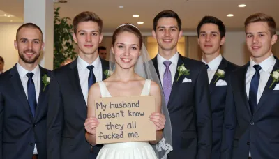 A young bride poses with six male wedding guests of different age, diferent faces, different suitcolors. The bride holds a handmade sign with text "My husband doesn't know they all fucked me".
