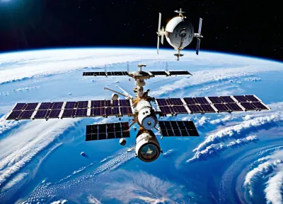 Masterpiece, very high definition, a very big structurated manned scientific orbital station orbiting the earth, perfect technical curves, view from afar, <lora:add-detail-xl:.7>, <lora:SDXLHighDetail_v5:.7>