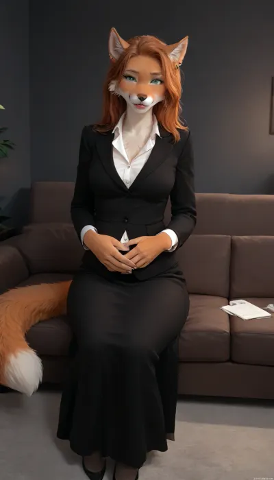 furry anthro female, furry anthro fox girl, furry female, furry anthro, furry body, bright fur, furrysdxl, furry anthro girl is a sexy secretary, smiling, green eyes, makeup, long ginger hair, ear piercing, nose piercing, tongue piercing, sitting on the big couch, looking at viewer, fully clothed female, clothed female, shirt, skirt, long skirt, black pantyhose, pantyhose, secretary suit, large breasts, narrow waist, large hips, large thighs, wide hips, big hips, thick thighs, big round ass, large ass, curvy woman, digital artwork, masterpiece, room with ambient neon light, pregnant, she gently stroking her pregnant belly, TomFischbeck, incase, style, <lora:TomFischbeck:1.2>, <lora:287175_training_data:.7>