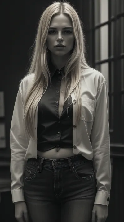 105000000100062.0, high fashion photography photo of a Dutch woman, straight blonde hair, long sleeve button-up shirt and jeans, high-quality, super-detailed, in the style of dark cinematic fine-art portraits, dramatic lighting, soft shadows, rich textures, moody atmosphere