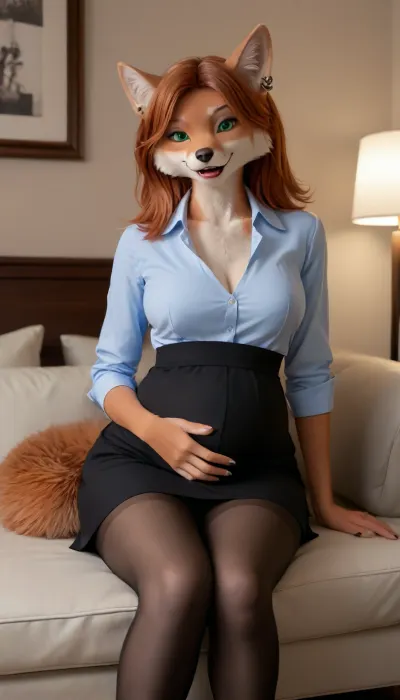 furry anthro female, furry anthro fox girl, furry female, furry anthro, furry body, bright fur, furrysdxl, furry anthro girl is a sexy secretary, smiling, green eyes, makeup, long ginger hair, ear piercing, nose piercing, tongue piercing, sitting on the big couch, looking at viewer, fully clothed female, clothed female, shirt, skirt, long skirt, black pantyhose, pantyhose, secretary suit, large breasts, narrow waist, large hips, large thighs, wide hips, big hips, thick thighs, big round ass, large ass, curvy woman, digital artwork, masterpiece, room with ambient neon light, pregnancy, pregnant furry anthro girl, pregnant, she gently stroking her pregnant belly, <lora:early621-000002:1.6>