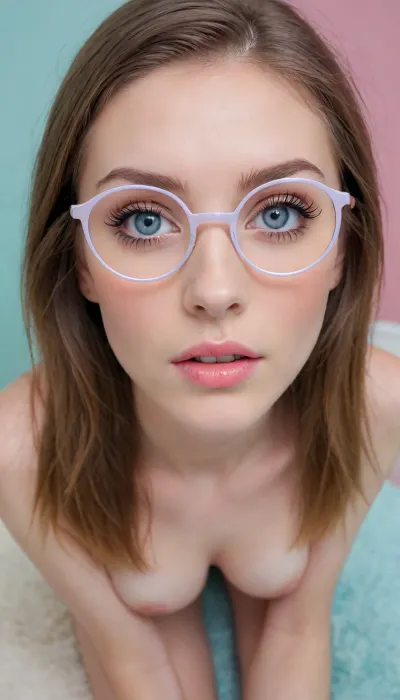 (sitting on knees:1.4), looking up at me, (((view from above))), camera on top, mouth open, tongue out, waiting for cum, (((pastel room))), lots of details in the room, (((round glasses with thin frames))), super realistic photo, perfect lighting, (best shadow), 8K, UHD, sharp image, (best lighting), highest quality, (pussy visible:1.4), (((pussy shown))), shaved pussy, super detailed images, small details, high resolution, 8k wallpaper, masterpiece, (((skinny))), ((natural boobs)), (nude:1.2), (naked:1.2), (((korean))), (18 years old), ((bright blue eyes)), long hair, (very detailed face), (beautiful face, blush, white skin, (((long lush eyelashes))), (((makeup))))