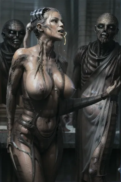 A 68-year-old nude anorexic woman with large sagging breasts with very stretch marks is bathing in a tank full of white sperm, she has sperm dripping from her mouth and nose all over her stomach. Next to her, a man jerks off in the tank and this happens in a medieval kitchen, woman, (The, body, is, wrapped, in, lightning:1.3), Xenomorph, y4nn, hnsrdlf, HRGigerArhP, style, <lora:Biomechanicals_v2_lora1500:.7>, <lora:HRGigerArhPv10:.6>