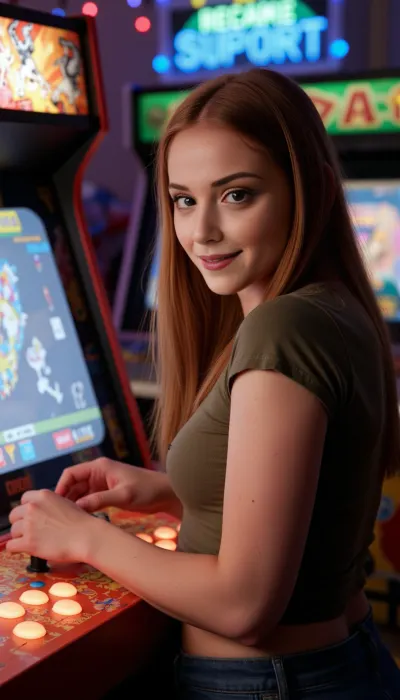 Scene Description, A woman in a dimly lit, nostalgic arcade. She is engrossed in playing an old-school arcade game machine glowing brightly in the moody, atmospheric lighting. The screen flickers with colorful, 8-bit graphics, and the sounds of retro music and digital explosions echo around her. Her posture is relaxed yet focused, leaning slightly forward with her hands gripping the joystick and buttons with determined precision. She smiles subtly, enjoying the moment, radiating a sense of fun and triumph. She wears jeans and a casual t-shirt, fitting the casual yet vibrant vibe of the arcade.

Character Description, • Face and Expression, A freckled face with ultra-realistic freckles, a warm smile showing a mix of happiness and focus. Highly detailed bright green eyes with lifelike reflections and intricate textures, conveying intensity and immersion.
• Hair, Warm auburn or copper-colored hair with reddish-brown tones and golden highlights that catch the light naturally, adding depth and realism. Hair strands visible.
• Skin, Textured skin with visible pores, natural tones, and lifelike shading, especially under the soft lighting of the arcade.

Technical Specifications, • Ultra-Realistic Details, 8K resolution, photorealistic with intricate details. Skin with visible pores and subtle color variations. Symmetrical facial features, lifelike proportions, and a detailed expression with slight imperfections.
• Lighting, Soft, cinematic lighting with realistic shadows and highlights, glowing environmental reflections from the arcade machine. HDR rendering enhances vibrant colors and deep contrasts, while subtle atmospheric perspective adds depth.

Additional Features, • Arcade Atmosphere, The arcade glows with scattered neon lights and colorful reflections from the machines, enhancing the nostalgic vibe. Textures of the arcade machine are rendered in high detail, including reflective materials like glass and plastic.
• Environment, A cozy and fun setting, with other blurred arcade elements visible in the background, adding context but keeping the focus on the character and the glowing game screen.