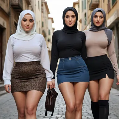 Three woman, turkish, 35 year old woman, thick leg, big tits, big ass, hijab, mini black skirt, cleavage, lusty, curvy