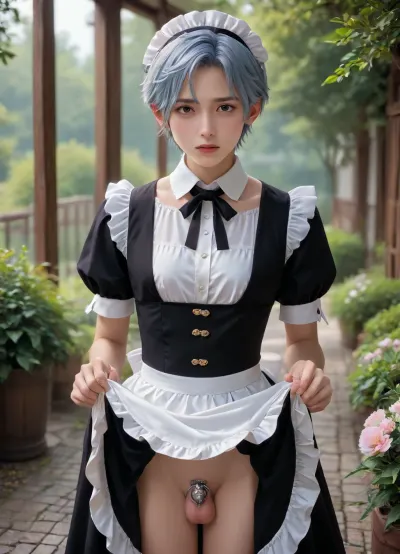 Cute sexy slim japanese twink, asian, japanese, japanese boy, gay guy, guy, standing in modern apartment, wearing a maid's outfit, light blue hair, lifting skirt, showing cock and balls, victorian, maid, chastity cage, male chastity cage, penis cage, seductive, embarrassed, shy, <lora:xl_victorian_maid_dress-1.0:.5>, skirtlift, <lora:skirtlift_xl:.5>