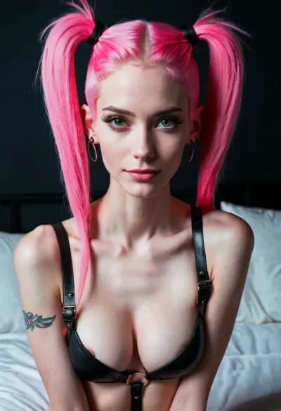 score_9, score_8_up, score_7_up, masterpiece, best quality, highly detailed, 1girl, pale skin, pink eyes, thick black eyelashes, black eyeliner, dark eyeshadow, neon pink hair, low twintails, big breasts, oversized black t-shirt, ear piercings, looking at the viewer, bedroom eyes, seductive smile, g0thicPXL, glowing hair, glowing eyes, neon, arm behind head, arched back, dark background, cowboy shot, thick white character outline, round boobs, full naked body, bdsm, leather harness, (very skinny:1.4)