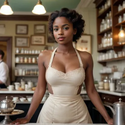 beautiful nude, torpedo breasts, ebony lady, nippy, waitress, J. Lyons & Co, tea shops and cafés in London late 19th century, small apron, low_angle, <lora:VnC_beta:.9>