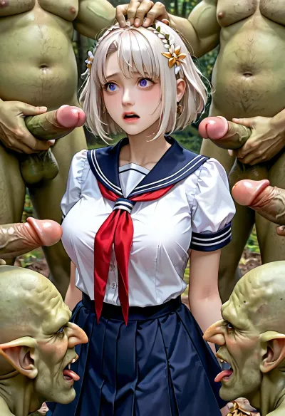 best quality, Amazing, finely detail, extremely detailed CG unity 8k wallpaper, 1girl, goblin gangbang, multiple boys, school uniform, standing, large breasts, scared, white hair, ultra-detailed, unity 8k wallpaper, game cg, goblin, gangbang, multiple, boys