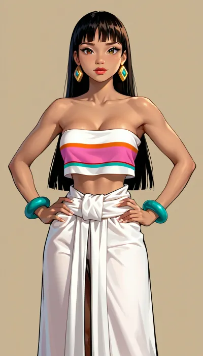 (Chel from The Road To El Dorado), brown skin, 3/4 body view, perfect body, very detailed face, wide shot, (teardrops detailed giant breast), (simple background), (hands on hips:1.5), 4ng3l, face, <lora:SDXL_BetterFaces-LoRA_v1:1.8>