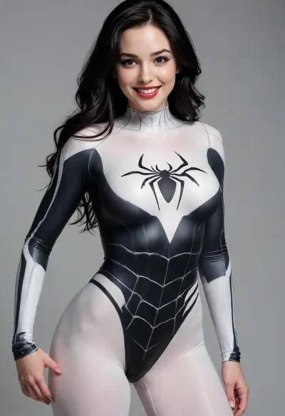 1girl, thin, shinning black hair, solo, long hair, extremely pale white skin, enormous 48DDD-cup symmetrical round natural breast, wearing spiderman symbiote bodysuit costume, full body, without mask, teeth, hair, black eyes, standing, white background, masterpiece, smiling, Symbiote, Suit, <lora:Symbiote Suit:.5>