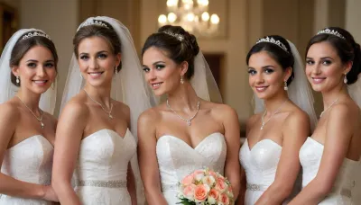 5girls, standing in a row, front view, full portrait, wedding updo, veil, jewelry, necklace, horny smiling, professional photo high quality, highlights, flashes, <lora:real-humans-PublicPrompts:.5>