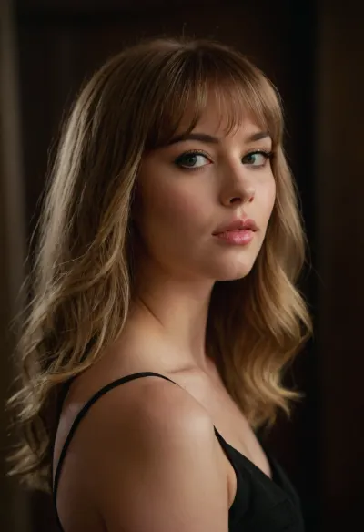 (Her medium-length shoulder grazing voluminous hair is styled with soft layers in a loose wavy texture creating a relaxed and quirky look:1.3), , (The hair features a blend of golden blonde tones with subtle dark highlights creating a soft dimensional look:1.2), (The bangs are a straight full fringe that slightly curves to frame the face and blends seamlessly with the rest of the hairstyle:1.4), ZipRealism, <lora:sunnyrayyxo_v1_SDXLBase:.6>, perfecteyes, <lora:PerfectEyesXL:.9>