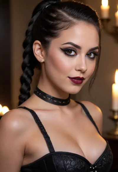20 year old black haired goth woman side eyeing camera, looking over her shoulder, seductive, back to camera, smiling, mouth wide open, prominent cupids bow lips, (eyeliner, winged eyeliner, dark eyeshadow), makeup, corset, hair in a high tight braided ponytail, (candlelight)