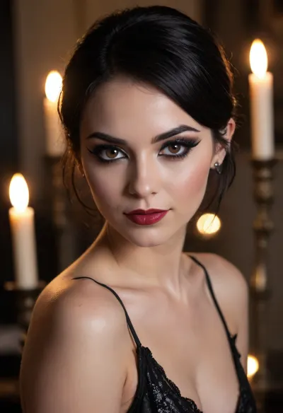 20 year old black haired goth woman side eyeing camera, looking over her shoulder, seductive, back to camera, smiling, mouth open, prominent cupids bow lips, (eyeliner, winged eyeliner, dark eyeshadow), makeup, nude, (candlelight)