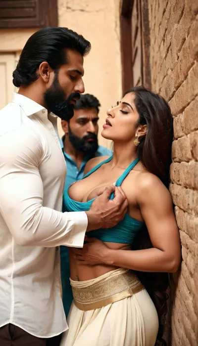 A beautiful girl being pushed against the wall by a two tall Bearded Handsome Muslim men named 'Afzal Khan' and 'Javed Pathan', Muslim man's hands are tightly wrapped around her throat, Pakistani Muslim bodybuilder Hunks kissing her passionately and grabbing her boobs, Girl enjoying the rough sex, photorealism