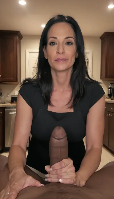 (mature mother:1.6), long hair, e-girl aesthetic, large black penis, male pov, night, kitchen, cfnm, photorealistic, <lora:detailed_notrigger:2>