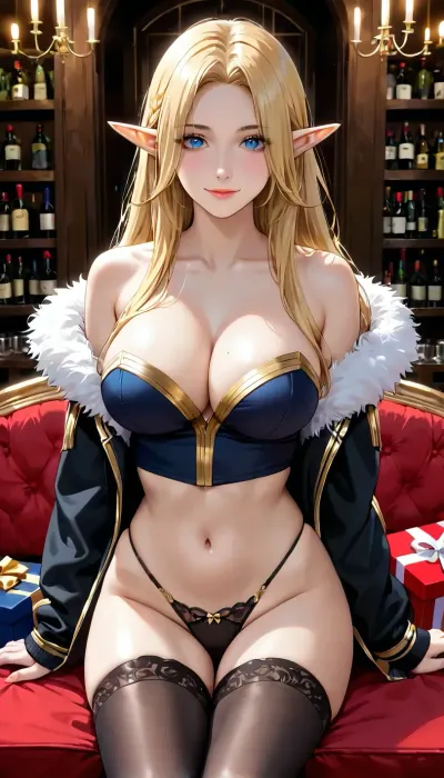 cleavage, long hair, looking at viewer, sitting, smile, solo, bare shoulders, pointy ears, thighhighs, black thighhighs, blue eyes, large breasts, underwear, jacket, panties, blonde hair, navel, detached sleeves, black panties, thighs, cup, parted bangs, box, drinking glass, off shoulder, gift, fur trim, wine glass, gold trim, black jacket, alcohol, gift box, wine, fur-trimmed jacket, Alpha, (kage, no, jitsuryokusha, ni, naritakute!\), 1girl, blonde, hair, blue, eyes, large, breasts, very, long, elf, pointy, ears, black, bodysuit, <lora:SDXL_Alpha:2>